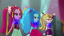 Size: 1366x768 | Tagged: safe, color edit, derpibooru import, edit, edited screencap, screencap, adagio dazzle, aria blaze, sonata dusk, siren, equestria girls, rainbow rocks, bare shoulders, colored, g major, inverted, inverted colors, sleeveless, the dazzlings, wat, welcome to the show