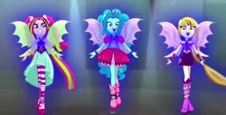 Size: 1366x695 | Tagged: safe, color edit, derpibooru import, edit, screencap, adagio dazzle, aria blaze, sonata dusk, equestria girls, rainbow rocks, bare shoulders, colored, fin wings, g major, inverted, inverted colors, ponied up, sleeveless, the dazzlings, the rainbooms, wat, welcome to the show