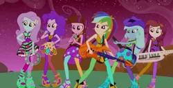 Size: 1364x701 | Tagged: safe, derpibooru import, screencap, applejack, fluttershy, pinkie pie, rainbow dash, rarity, sunset shimmer, twilight sparkle, equestria girls, rainbow rocks, bass guitar, battery, drum kit, drums, g major, inverted, inverted colors, keytar, microphone, musical instrument, tambourine, the rainbooms, wat, welcome to the show