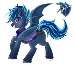Size: 1024x890 | Tagged: safe, artist:skjolty, derpibooru import, oc, oc:emile nightcaster, unofficial characters only, bat pony, pony, armor, cutie mark, female, grin, guardsmare, looking at you, mare, night guard, plot, royal guard, simple background, solo, transparent background, unshorn fetlocks