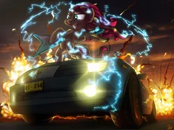 Size: 4000x3000 | Tagged: safe, artist:pirill, derpibooru import, derpy hooves, sunset shimmer, pony, unicorn, absurd resolution, awesome, badass, car, chevrolet camaro, electric guitar, electricity, epic, explosion, flash sentry's car, flying v, guitar, metal, metal as fuck, night, stars, sunset shredder, supercar, when you see it, windswept mane