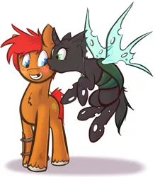 Size: 1624x1855 | Tagged: artist:itspencilguy, blushing, changeling, derpibooru import, fallout equestria, fanfic art, kissing, oc, oc:happy days, oc:love blossom, safe, unofficial characters only