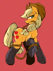 Size: 480x640 | Tagged: safe, artist:wan, derpibooru import, applejack, earth pony, pony, clothes, cowboy hat, female, fireproof boots, freckles, hat, mare, raised hoof, red background, rope, simple background, solo, stetson