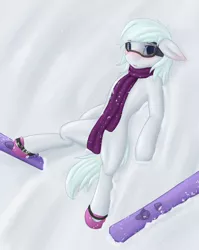Size: 1976x2484 | Tagged: suggestive, artist:daf, derpibooru import, double diamond, pony, blushing, clothes, embarrassed, goggles, looking at you, rule 63, scarf, skis, slalom slopes, snow, snowfall, strategically covered