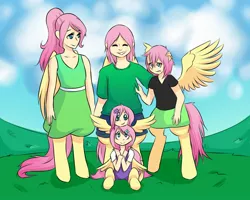 Size: 2000x1600 | Tagged: artist:cups, clothes, derpibooru import, dress, family, oc, oc:fauna, oc:flora, oc:ivy, oc:thorn, oc:timber, offspring, parent:fluttershy, safe, satyr, siblings, skirt, twins, unofficial characters only