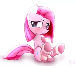 Size: 3000x2600 | Tagged: safe, artist:heavymetalbronyyeah, derpibooru import, pinkie pie, earth pony, pony, blushing, clothes, cute, cuteamena, female, filly, high res, light, looking at you, pinkamena diane pie, simple background, smiling, socks, solo, striped socks, underhoof, white background, younger