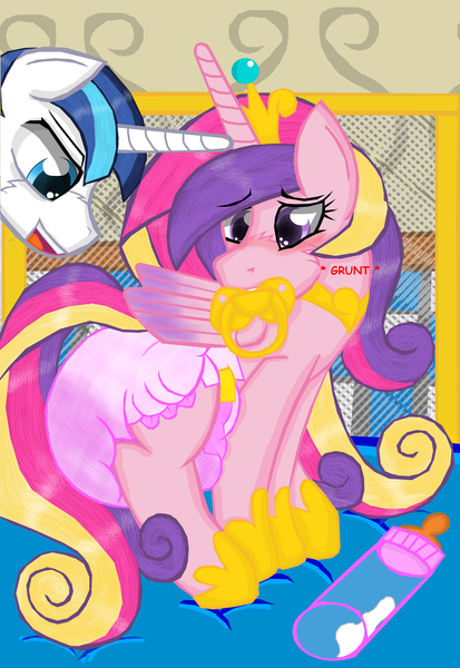 Size: 2321x3370 | Tagged: adult foal, artist:cuddlelamb, baby bottle, derpibooru import, diaper, diaper fetish, female, foal bottle, male, messing, messy diaper, pacifier, playpen, poofy diaper, poop, pooping, princess cadance, questionable, shining armor, shiningcadance, shipping, straight, urine, wet diaper