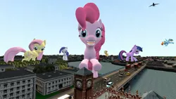 Size: 1366x768 | Tagged: safe, artist:auskeldeo, derpibooru import, applejack, fluttershy, pinkie pie, rainbow dash, rarity, twilight sparkle, pony, 3d, giant pony, giant rainbow dash, london, looking at you, macro, mane six, mega twilight sparkle, mega/giant rainbow dash, open mouth, smiling