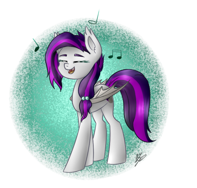 Size: 696x666 | Tagged: safe, artist:peaceouttopizza23, derpibooru import, oc, oc:sweet hum, unofficial characters only, bat pony, pony, eyes closed, fangs, music notes, singing