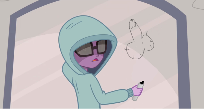 Size: 1280x688 | Tagged: questionable, derpibooru import, sci-twi, twilight sparkle, equestria girls, friendship games, clothes, exploitable meme, glasses, hoodie, human penis, marker, meme, nudity, penis, solo, vandal twilight, vandalism, who's been drawing dicks