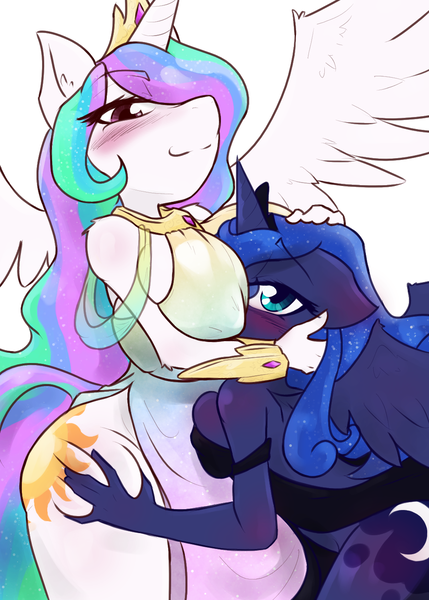 Size: 1000x1400 | Tagged: adorasexy, anthro, artist:ihara, backless, big breasts, blushing, boob smothering, boob squish, bracelet, breasts, busty princess celestia, clothes, crown, cute, cutelestia, derpibooru import, dress, ear blush, ear fluff, elbow fluff, erect nipples, female, floppy ears, head pat, huge breasts, impossibly large breasts, incest, jewelry, lesbian, looking at you, lunabetes, necklace, nipple outline, pat, princess celestia, princess luna, princest, questionable, regalia, sexy, shipping, shoulder fluff, side slit, simple background, sisterly love, smug, squishy, thigh grab, thighs, white background, wide hips, wing fluff