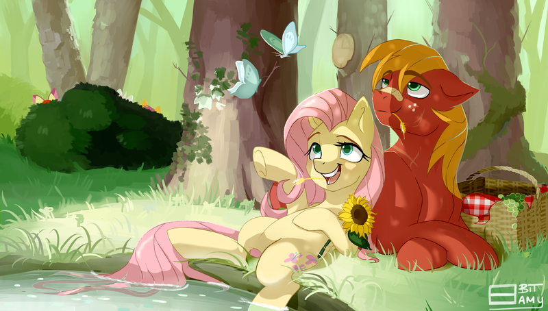 Size: 3804x2160 | Tagged: safe, artist:8bitamy, derpibooru import, apple bloom, big macintosh, fluttershy, scootaloo, sweetie belle, butterfly, earth pony, pony, bandaid, bush, cutie mark crusaders, fluttermac, hiding, male, picnic, pond, scar, shipping, stallion, straight, sunflower