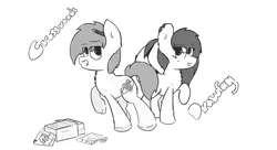 Size: 3411x1860 | Tagged: safe, artist:woona, derpibooru import, oc, oc:crossroads, oc:woona, unofficial characters only, earth pony, original species, shark, shark pony, black and white, grayscale, monochrome