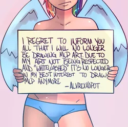 Size: 545x540 | Tagged: artist:alvrexadpot, clothes, derpibooru import, drama, drama bait, human, humanized, leaving the fandom, panties, rainbow dash, ruined forever, sign, solo, suggestive, text, underwear, winged humanization