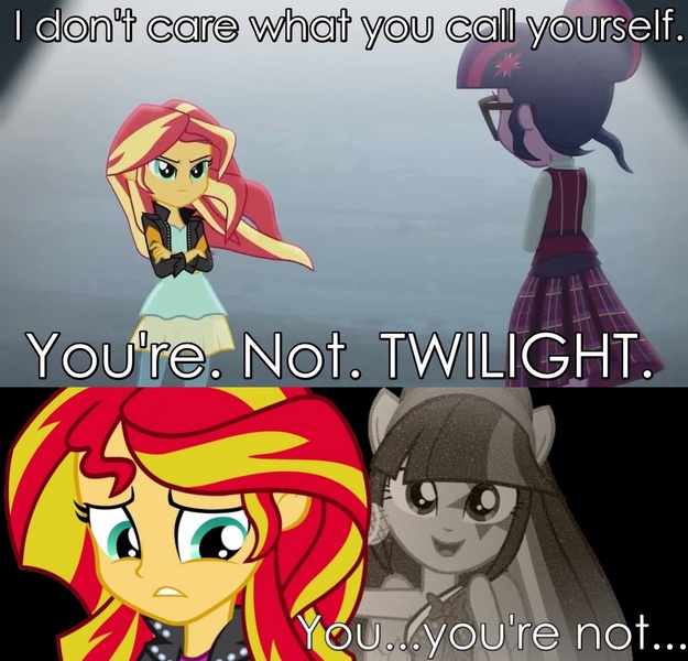 Size: 1021x980 | Tagged: safe, derpibooru import, sci-twi, sunset shimmer, twilight sparkle, twilight sparkle (alicorn), alicorn, equestria girls, friendship games, rainbow rocks, angry, female, implied shipping, lesbian, photoshop, sad, shipping, sunsad shimmer, sunsetsparkle