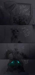 Size: 935x1980 | Tagged: artist:alloyrabbit, comic, dark, derpibooru import, dialogue, excel (character), glowing eyes, mayor mare, micro, oc, oc:alloy, outlook (character), powerpoint (character), rain, robot, safe