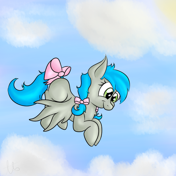 Size: 3000x3000 | Tagged: artist:laptopbrony, bow, chest fluff, cloud, cloudy, cute, derpibooru import, flying, oc, oc:darcy sinclair, safe, sky, solo, tail bow, unofficial characters only