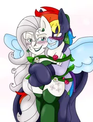 Size: 1561x2037 | Tagged: suggestive, artist:blackbewhite2k7, derpibooru import, fluttershy, rainbow dash, batman, batmare, blushing, bondage, bound together, commission, cuddling, female, flutterbitch, flutterdash, lesbian, mind control, poison ivy, snuggling, vine, wingboner, zoned out