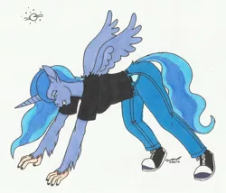 Size: 1266x1086 | Tagged: safe, artist:cqmorrell, derpibooru import, princess luna, alicorn, human, pony, were-pony, all fours, eyes closed, full moon, gritted teeth, human to pony, moon, solo, traditional art, transformation