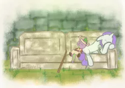 Size: 1249x881 | Tagged: artist:liracrown, clothes, couch, crossover, derpibooru import, game, hat, ico, rarity, resting, safe, sleeping, spike