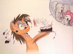 Size: 1462x1080 | Tagged: safe, artist:thefriendlyelephant, derpibooru import, oc, oc:digital sketch, oc:obi, oc:whooves, unofficial characters only, elephant, pony, unicorn, birthday gift, cake, candle, cherry, frosting, prank, shocked, spring, stick figure, traditional art, trio