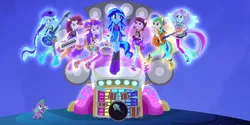 Size: 1358x680 | Tagged: safe, derpibooru import, screencap, applejack, fluttershy, pinkie pie, rainbow dash, rarity, spike, sunset shimmer, twilight sparkle, twilight sparkle (alicorn), equestria girls, rainbow rocks, bass guitar, bassmobile, battery, drum kit, drums, g major, humane seven, humane six, implied vinyl scratch, inverted, inverted colors, keytar, mane seven, mane six, microphone, musical instrument, ponied up, pony ears, rainbow of light, sleeveless, tambourine, the rainbooms, wat, welcome to the show