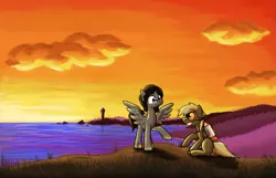Size: 1239x800 | Tagged: safe, artist:paper-pony, derpibooru import, oc, oc:mortimer hooves, oc:paper pony, unofficial characters only, earth pony, pegasus, pony, duo, glasses, goggles, jetpack, lighthouse, male, ocean, smiling, stallion, sunset