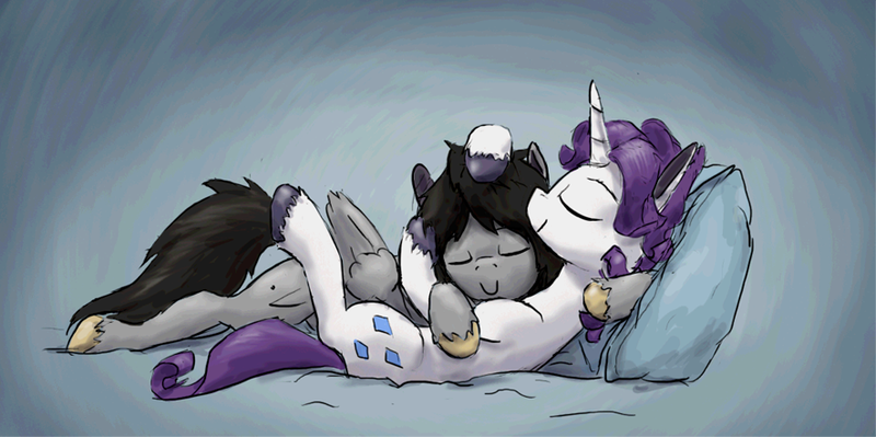 Size: 885x441 | Tagged: safe, artist:paper-pony, derpibooru import, rarity, oc, oc:mortimer hooves, pegasus, pony, unicorn, cuddling, elusive, gay, hug, male, on back, rule 63, shipping, smiling, snuggling, stallion