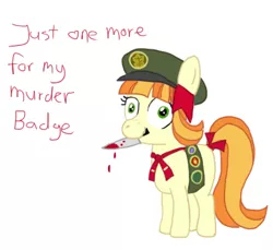 Size: 644x591 | Tagged: artist:forkrehab, blood, charity, derpibooru import, filly guides, knife, mouth hold, ms paint, murder, semi-grimdark, simple background, snapped, solo, tag-a-long, thin mint, white background