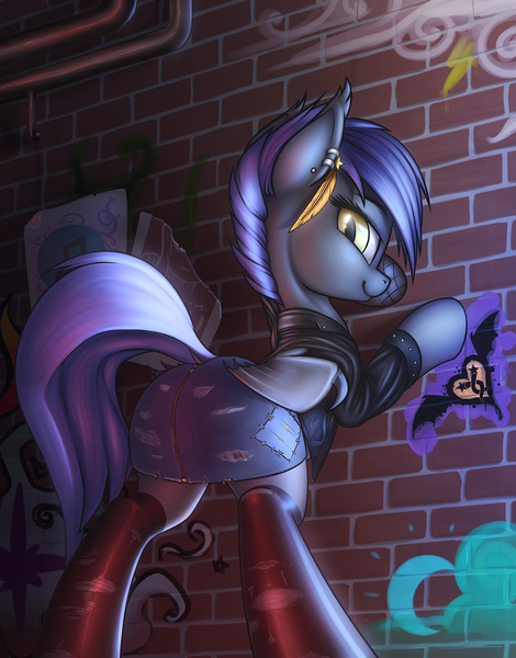 Size: 1280x1634 | Tagged: suggestive, alternate version, artist:shydale, derpibooru import, oc, oc:midnight blossom, unofficial characters only, bat pony, pony, against wall, alleyway, bedroom eyes, bipedal leaning, clothes, denim skirt, dock, ear piercing, feather, graffiti, leather jacket, looking at you, looking back, nylon, piercing, plot, skirt, smiling, socks, solo, torn clothes, tulpar