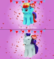 Size: 850x937 | Tagged: beanie babies, derpibooru import, happy birthday, irl, photo, plushie, rainbow dash, rarity, safe, ty