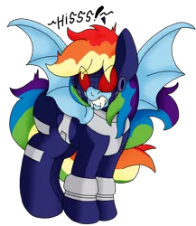 Size: 1513x1741 | Tagged: safe, artist:blackbewhite2k7, derpibooru import, rainbow dash, bat pony, pony, vampire, batman, behaving like a bat, crossover, fangs, female, hissing, justice league: gods and monsters, mare, simple background, solo, transparent background, vector