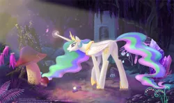 Size: 4096x2448 | Tagged: safe, artist:countcarbon, derpibooru import, princess celestia, alicorn, butterfly, pony, crystal, dock, ethereal mane, female, flower, giant mushroom, magic, mare, mushroom, solo, wallpaper