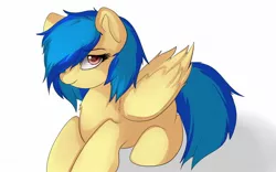 Size: 1280x800 | Tagged: safe, artist:evange, derpibooru import, oc, oc:silvia, unofficial characters only, pegasus, pony, bedroom eyes, cute, hair over one eye, looking at you, prone, simple background, smiling, solo, white background