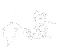 Size: 1024x768 | Tagged: safe, artist:rednorth, derpibooru import, oc, oc:harsh lulamoon, oc:red-north, unofficial characters only, pony, unicorn, bow, cuddling, monochrome, pregnant, sketch, sleeping, small, snuggling, tail bow, waifu