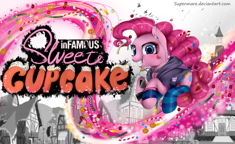 Size: 4236x2598 | Tagged: artist:supermare, clothes, crossover, derpibooru import, earbuds, hoodie, infamous, infamous second son, parody, pinkie pie, ponyville, safe, socks, video game