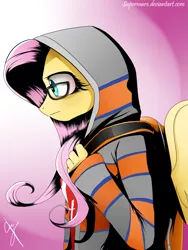 Size: 1181x1574 | Tagged: anthro, artist:supermare, clothes, crossover, derpibooru import, eugene sims, fluttershy, glasses, hoodie, infamous, infamous second son, safe, solo