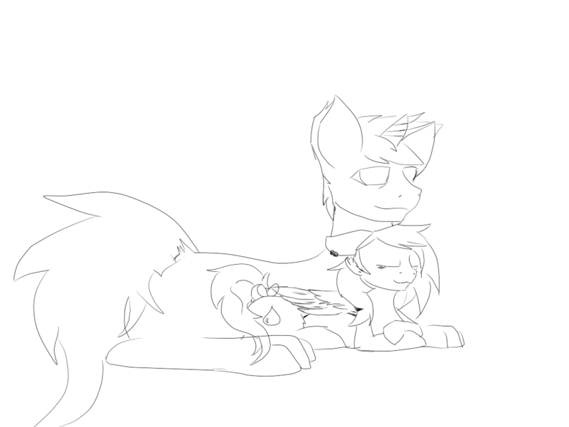 Size: 1024x768 | Tagged: safe, artist:rednorth, derpibooru import, oc, oc:harsh lulamoon, oc:red-north, unofficial characters only, pegasus, pony, unicorn, bow, cuddling, cutie mark, grayscale, lineart, monochrome, piercing, pregnant, sleeping, small, snuggling, tail bow, waifu