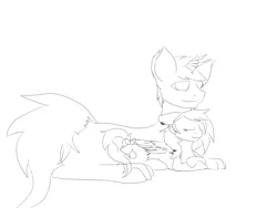 Size: 1024x768 | Tagged: safe, artist:rednorth, derpibooru import, oc, oc:harsh lulamoon, oc:red-north, unofficial characters only, pegasus, pony, unicorn, bow, cuddling, cutie mark, grayscale, lineart, monochrome, piercing, pregnant, sleeping, small, snuggling, tail bow, waifu