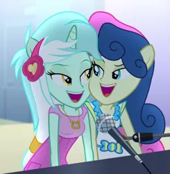 Size: 699x714 | Tagged: safe, artist:rivalcat, derpibooru import, edit, edited screencap, screencap, bon bon, lyra heartstrings, sweetie drops, equestria girls, rainbow rocks, cropped, horn, implied lesbian, lyrabon, ponied up, shipping