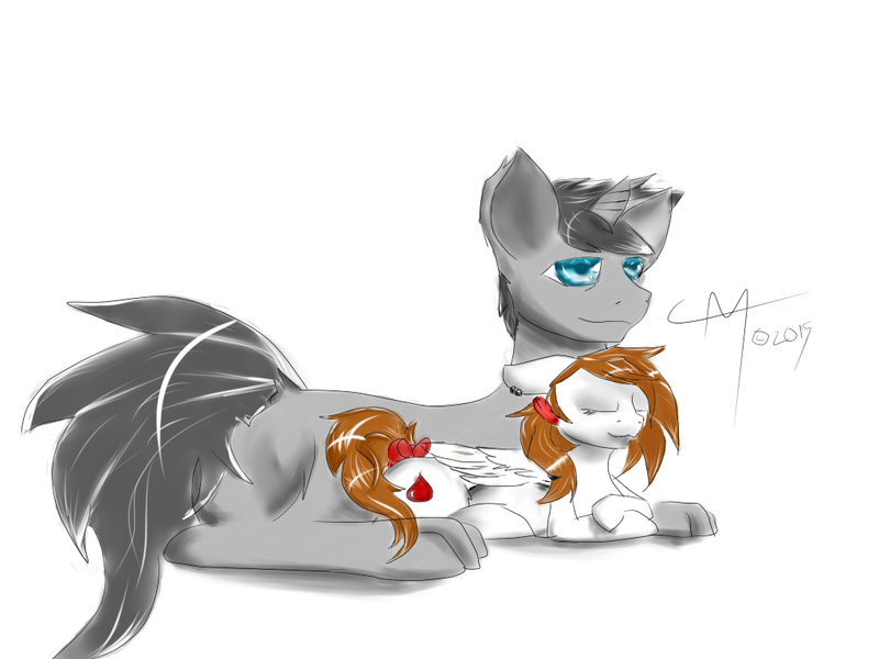 Size: 1024x768 | Tagged: safe, artist:rednorth, derpibooru import, oc, oc:harsh lulamoon, oc:red-north, unofficial characters only, pegasus, pony, unicorn, bow, cuddling, cute, daaaaaaaaaaaw, piercing, pregnant, senpai, size difference, sleeping, small, snuggling, tail bow, waifu