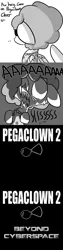 Size: 806x3224 | Tagged: safe, artist:tjpones, derpibooru import, oc, oc:pegaclown, unofficial characters only, pegasus, pony, horse wife, ..., ask, blank eyes, clown, creepy, female, grayscale, hissing, horror, lawnmower man, mare, monochrome, movie trailer, no catchlights, no pupils, offscreen character, screaming, sharp teeth
