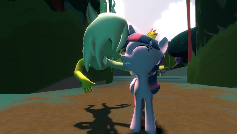 Size: 1360x768 | Tagged: 3d, artist:mk513, crown, derpibooru import, discolight, discord, eris, female, gmod, half r63 shipping, lesbian, rule 63, safe, shipping, twilight sparkle, twilight sparkle (alicorn)