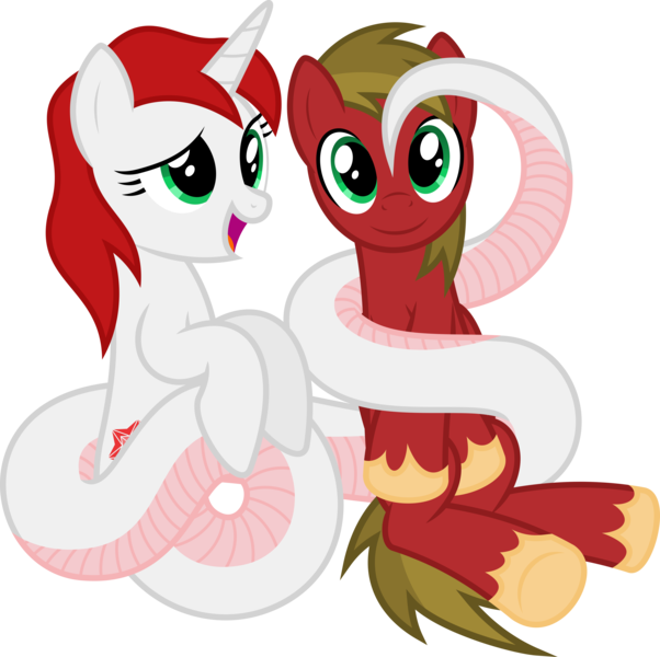 Size: 6421x6400 | Tagged: safe, artist:parclytaxel, derpibooru import, oc, oc:boltblood thundercloud, oc:ruby scales, unofficial characters only, lamia, original species, pegasus, unicorn, .svg available, absurd resolution, coils, cute, foreplay, looking at you, pre-hypnosis, simple background, smiling, transparent background, unshorn fetlocks, vector