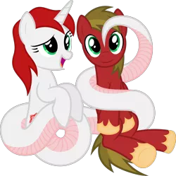 Size: 6421x6400 | Tagged: safe, artist:parclytaxel, derpibooru import, oc, oc:boltblood thundercloud, oc:ruby scales, unofficial characters only, lamia, original species, pegasus, unicorn, .svg available, absurd resolution, coils, cute, foreplay, looking at you, pre-hypnosis, simple background, smiling, transparent background, unshorn fetlocks, vector