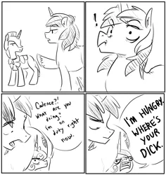 Size: 1280x1356 | Tagged: artist:glacierclear, comic, derpibooru import, dialogue, exclamation point, faic, female, frown, funny porn, glare, horny, hungry, male, monochrome, open mouth, pointing, princess bitchdance, princess cadance, royal guard, shining armor, shiningcadance, shipping, speech bubble, straight, suggestive, thirsty, vulgar, wide eyes, yelling