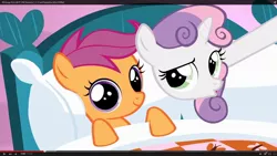 Size: 1920x1080 | Tagged: bed, cute, derpibooru import, hush now quiet now, long neck, long pony, looking at you, not cropped, out of context, safe, scootaloo, screencap, smiling, stare master, stretching, sweetie belle, sweetie giraffe, youtube