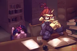 Size: 6000x4000 | Tagged: absurd resolution, amending fences, anthro, artist:alumx, book, bookshelf, chocolate milk, derpibooru import, funny, gendo pose, glasses, :i, inconvenient twilight, inkwell, moondancer, quill, safe, scene interpretation, soon, twilight sparkle