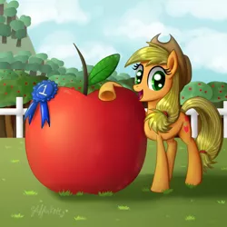 Size: 1000x1000 | Tagged: applejack, artist:leffenkitty, blue ribbon, derpibooru import, giant apple, safe, solo