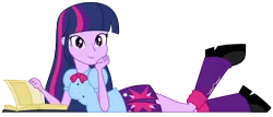 Size: 3374x1444 | Tagged: safe, artist:famousmari5, derpibooru import, twilight sparkle, equestria girls, adorkable, book, cute, dork, female, hand on chin, looking at you, one leg raised, reading, simple background, solo, transparent background, twiabetes, vector